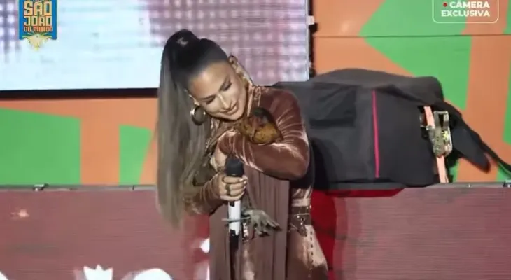 Simone Mendes ganha galinha de presente de fã durante show