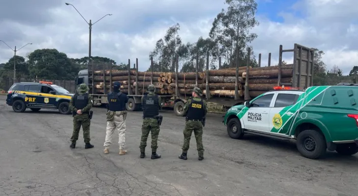 PRF e PM apreendem carreta com toras irregulares de Araucárias em Guarapuava