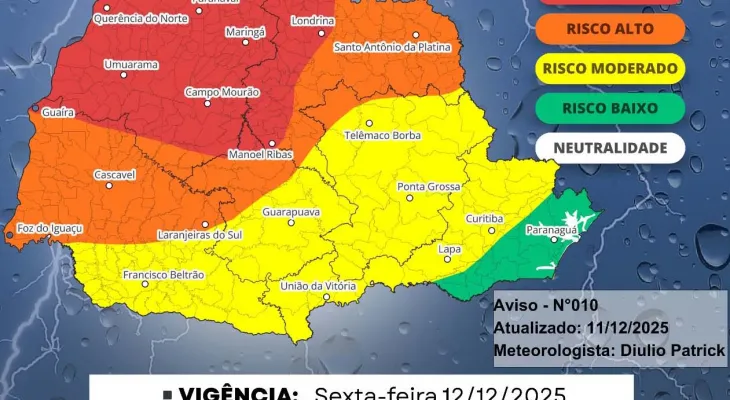 Paraná terá tempestades severas neste fim de semana, aponta previsão do Simepar