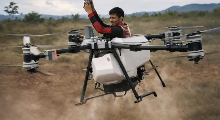 Piloto sobe em drone agrícola de quase R$ 300 mil e levanta voo em equipamento de pulverização