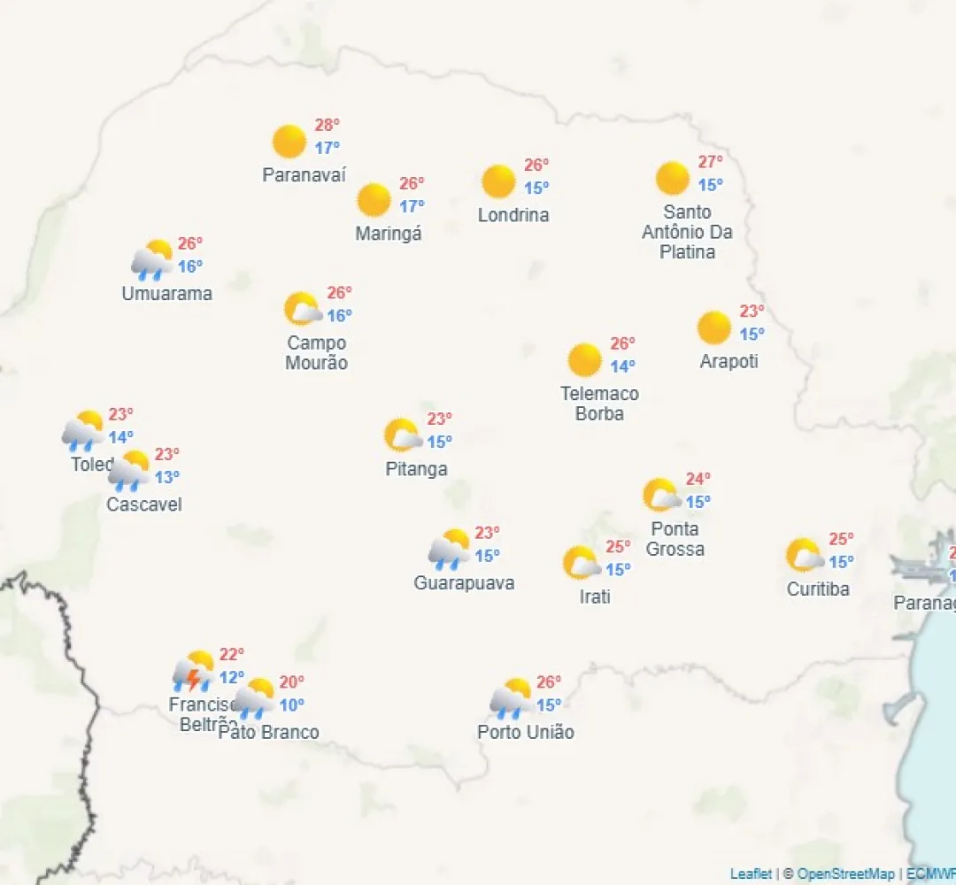 Paraná terá tempo firme na maior parte do estado nesta quinta-feira (2), com frio pela manhã e temperaturas em elevação à tarde