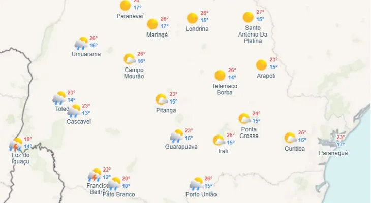 Paraná terá tempo firme na maior parte do estado nesta quinta-feira (2), com frio pela manhã e temperaturas em elevação à tarde